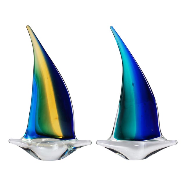 Marisol 2-Piece Assorted Set Decorative Glass Sailboats, 10" For Sale