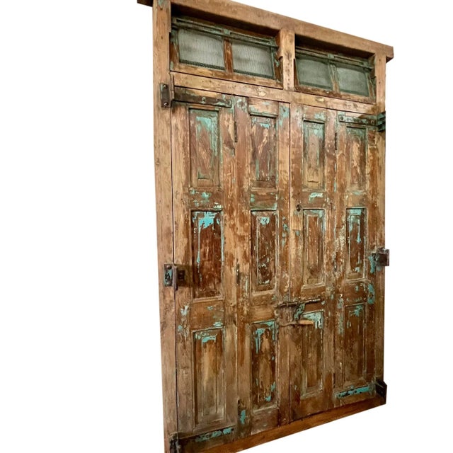 Wood Antique Rustic Carved Exterior Teak Double Hinged Doors, Colonial Plantation Architecture For Sale - Image 7 of 13