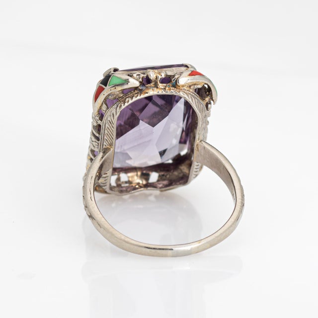 Early 20th Century Vintage Art Deco Amethyst Ring Enamel Cocktail 14k Gold Filigree Jewelry Size 7 For Sale In Los Angeles - Image 6 of 7