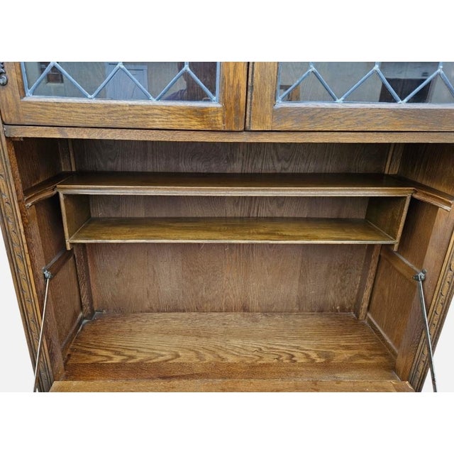 Brown Vintage Oak Wood Bros Desk Cabinet Tudor Hutch Bookshelf Old Charm Leaded Glass For Sale - Image 8 of 16
