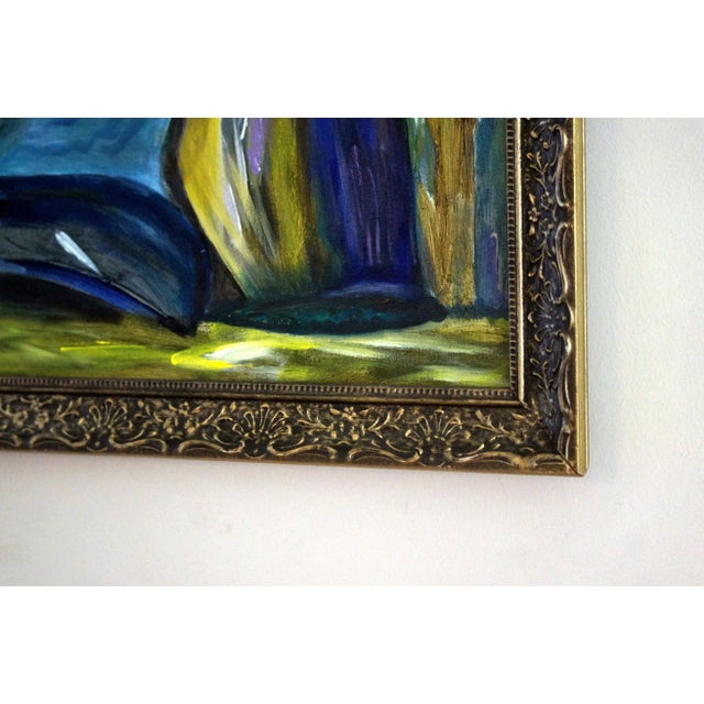 Blue 1980s Colette Calilhanna "Purple Village" Expressionist Acrylic Framed Painting For Sale - Image 8 of 11