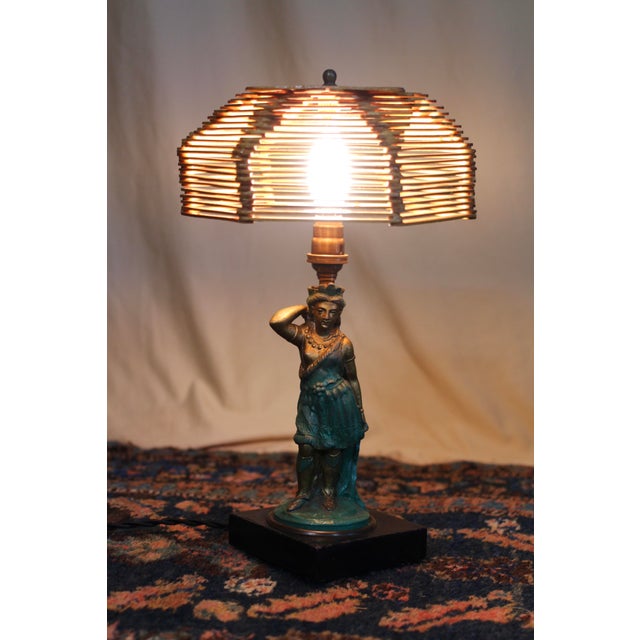 Victorian Late 19th Century Eclectic Bronze Woman Lamp With Popsicle Stick Shade For Sale - Image 3 of 17