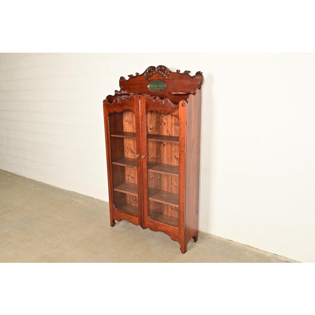 Victorian Antique Victorian Carved Cherry Wood Two-Door Bookcase Cabinet, Circa 1880s For Sale - Image 3 of 12