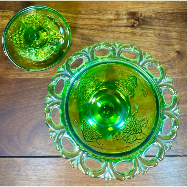 Glass Colony Harvest Carnival Green Glass Footed Candy Dish & Lid For Sale - Image 7 of 8