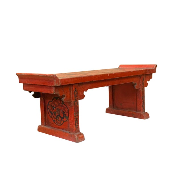 Chinoiserie Chinese Distressed Red Treasures Graphic Rectangular Stand Display For Sale - Image 3 of 12