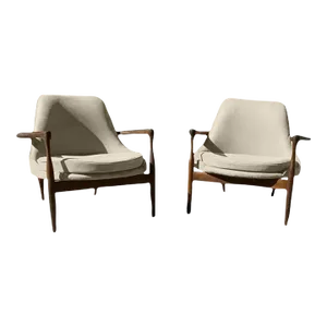 Mid-Century Leather Lounge Chairs Cream Boucle- a Pair