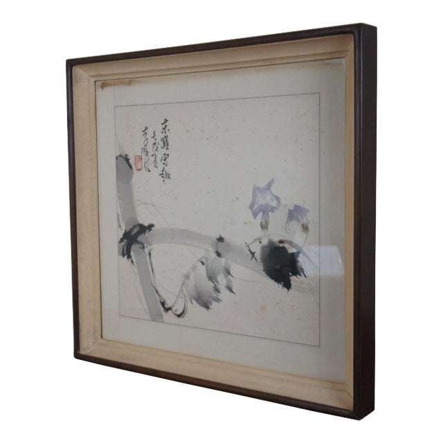 Vintage Chinese Abstract Floral Bamboo East Fence Snow Delight Watercolor Painting For Sale