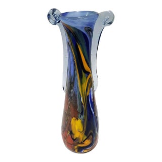 Vintage Tim Lazer Signed Hand-Blown Art Glass Amphora Handle Vase For Sale