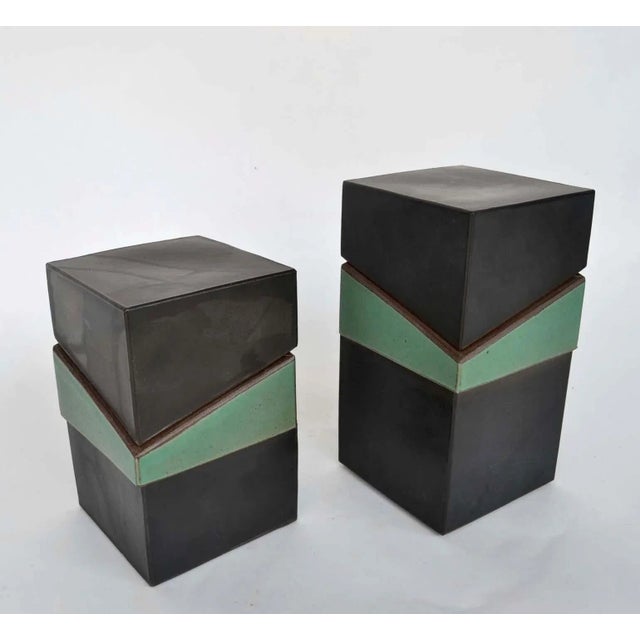 Ceramic Vintage Sculptural Square Boxes Glazed in Green and Black, 1980s, Set of 2 For Sale - Image 7 of 8