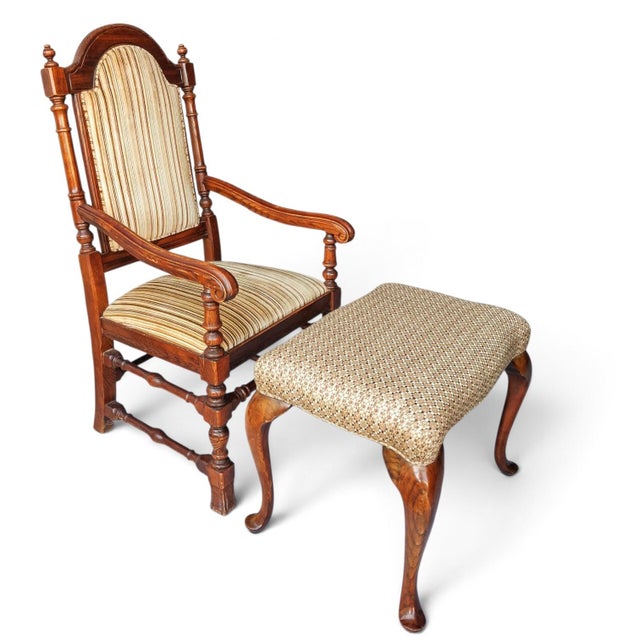 Wood Vintage Carved Oak Armchair & Matching Ottoman Set For Sale - Image 7 of 12