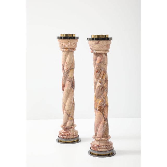 1980's Spiral Marble Steel and Brass Large Candle Holder For Sale - Image 10 of 17