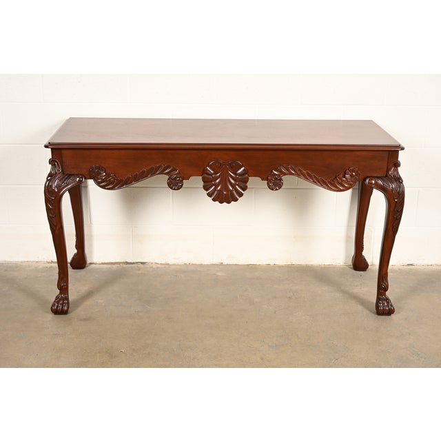 English Baker Furniture Georgian Carved Mahogany Console or Sofa Table, Newly Refinished For Sale - Image 3 of 15