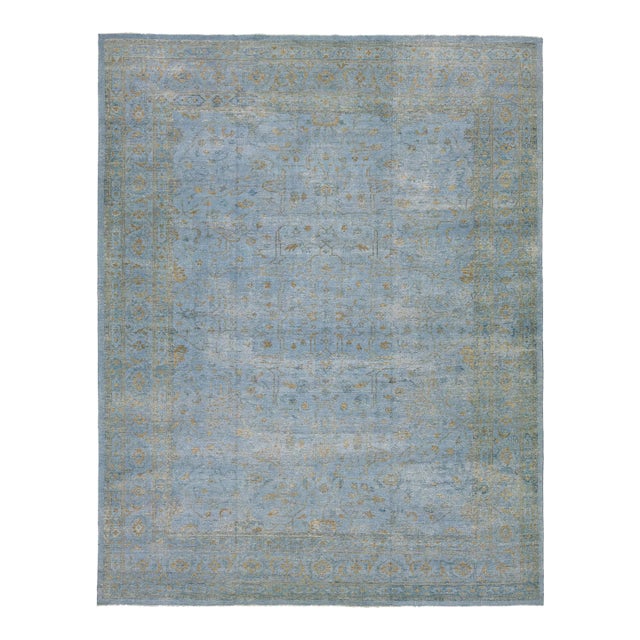 Handmade Contemporary Oushak Style Wool Rug With Blue and Gold Field For Sale
