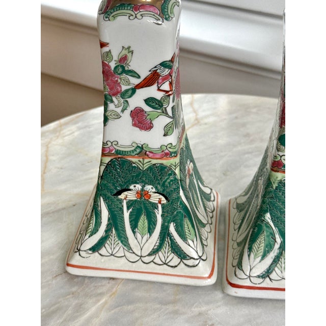 Green Vintage Chinese Famille Verte Bok Choy Porcelain Candlestick Holders - A Pair For Sale - Image 8 of 14