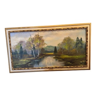 Vintage Mid-Century Landscape Oil Painting on Board, Signed “C. Fai” – Framed River Scene, 1950s–1960s [Sr] For Sale