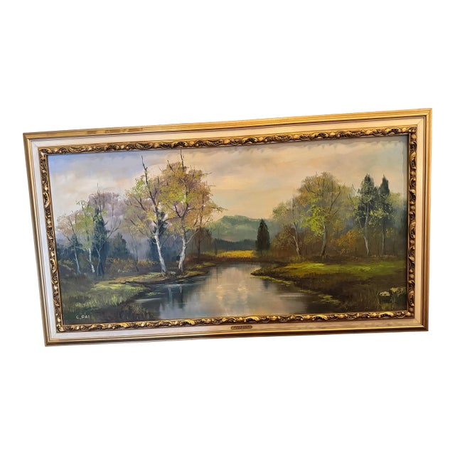 Vintage Mid-Century Landscape Oil Painting on Board, Signed “C. Fai” – Framed River Scene, 1950s–1960s [Sr] For Sale