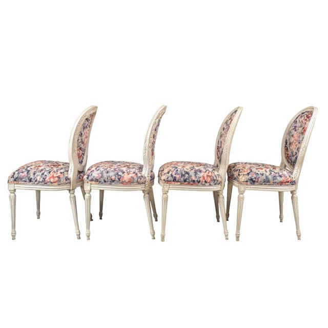 1980s French Style Shabby Chic Dining Chairs Floral Upholstery Distressed Crackle Finish - Set of 4 For Sale - Image 14 of 18