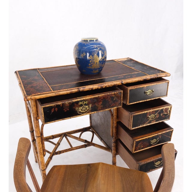Antique Asian Oriental japaneese Burned Bamboo Hand Painted Decorated Desk Table For Sale - Image 9 of 18