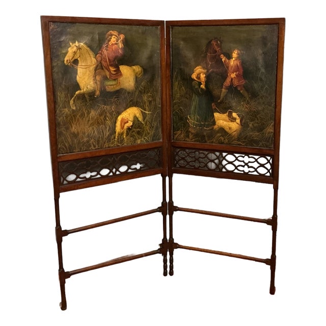 Edwardian Mahogany Screen Set with Hunting Oil Paintings, 1905 For Sale
