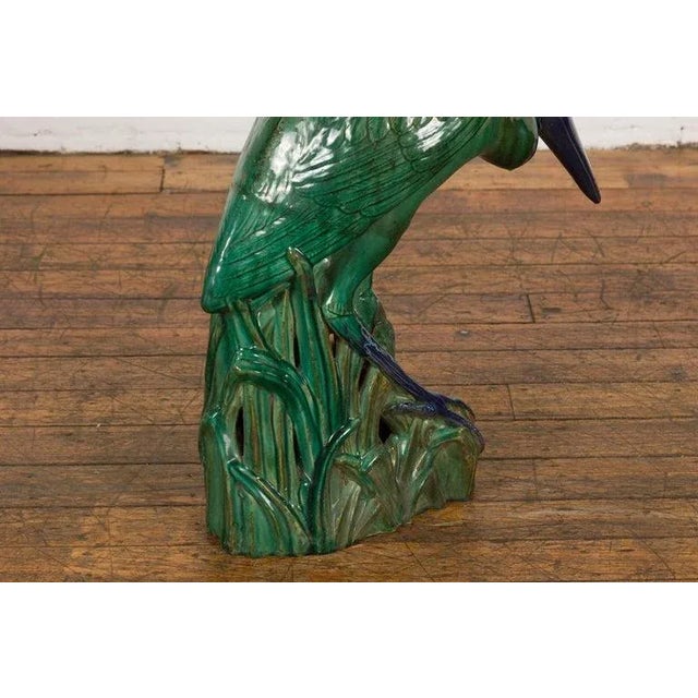 Vintage Lifesize Chinese Green & Blue Glazed Ceramic Heron Bird Sculpture For Sale - Image 9 of 13
