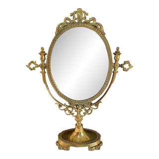 1950s Vintage Italian Brass Vanity Tabletop Mirror on Stand For Sale