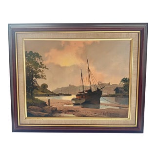 Vintage Signed by Don Micklethwaite British Coastal Harbor Scene Painting by Don Micklethwaite in Custom Frame For Sale