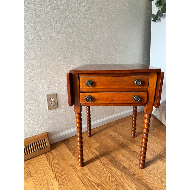 Antique English Hand-Constructed Cherry Drop Leaf Side/Work Table With Bobbin Legs For Sale - Image 4 of 15
