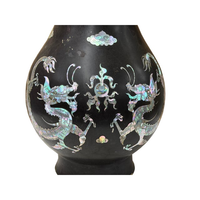 Vintage Metal Black Paint Mother of Pearl Double Dragon Art Vase For Sale - Image 10 of 12