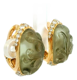 1970s Pair of French Carved Peridot & Diamond 18k Gold Statement Earrings