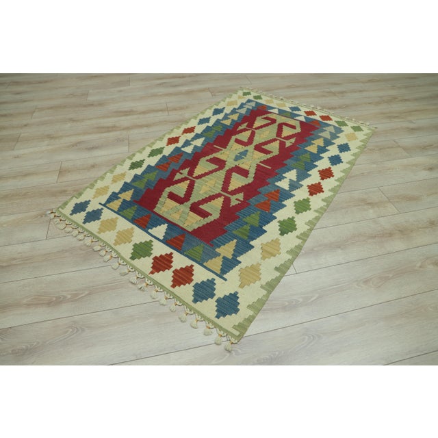 1970s Boho Style Turkish Vintage Hand Knotted Geometric Design Oushak Kilim Rug For Sale - Image 4 of 10