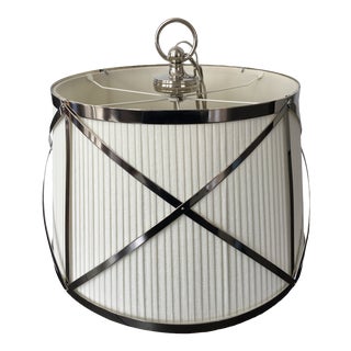 E. F. Chapman Grosvenor Large Single Hanging Chandelier in Polished Nickel With a Linen Shade For Sale