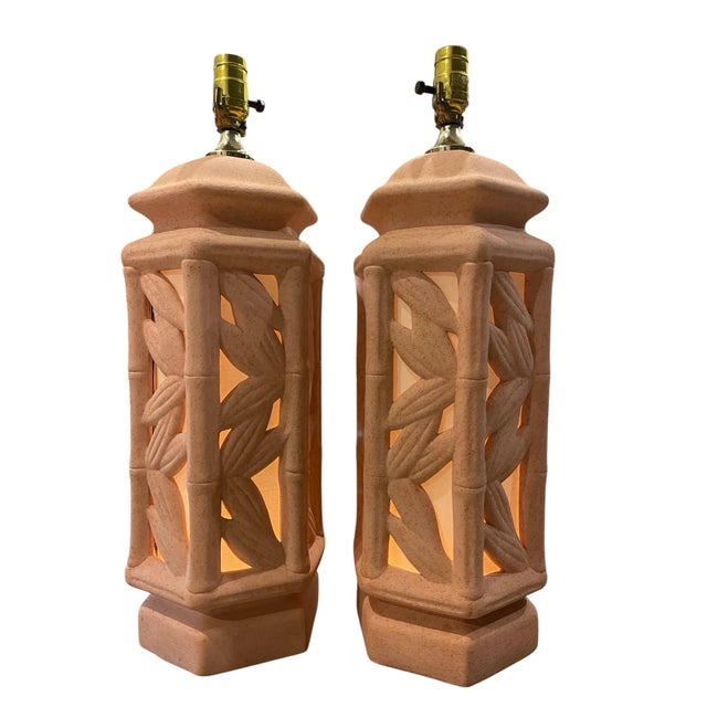 Contemporary Vintage Sculptural Coral-Toned Faux Bamboo Ceramic Table Lamps, Pair For Sale - Image 3 of 9