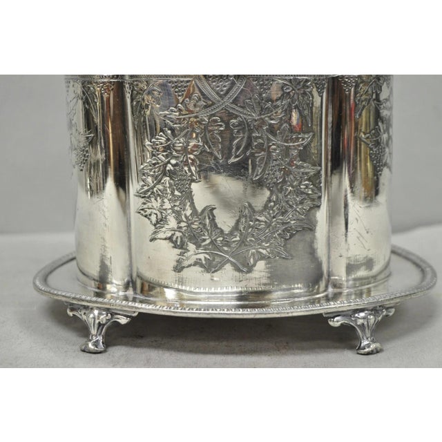 Antique Victorian Silver Plated Etched Footed Hinged Biscuit Barrel Jar on Stand For Sale - Image 4 of 18
