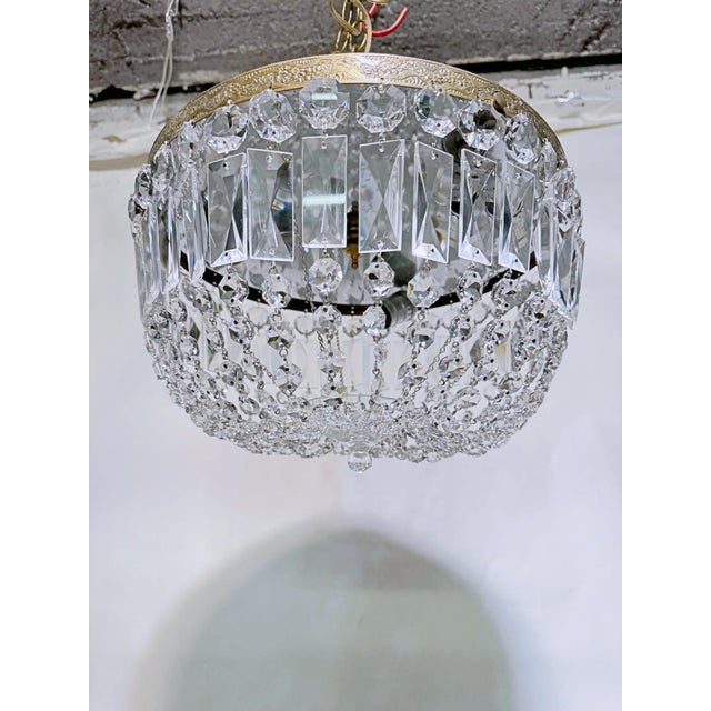 Vintage French Style Crystal Basket Chandelier With Ornate Brass Crown For Sale - Image 4 of 12