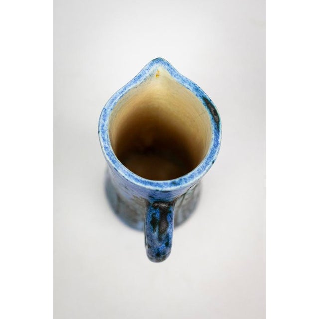 Small Mid-Century French Blue Ceramic Ewer with Engraved Decoration of Stylized Owls and Fish by Jacques Blin, 1950s For Sale - Image 9 of 15