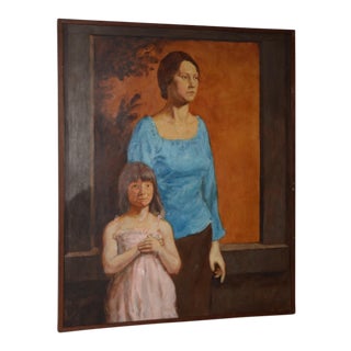 Vintage Oil Portrait of a Young Mother and Daughter C.1979 For Sale