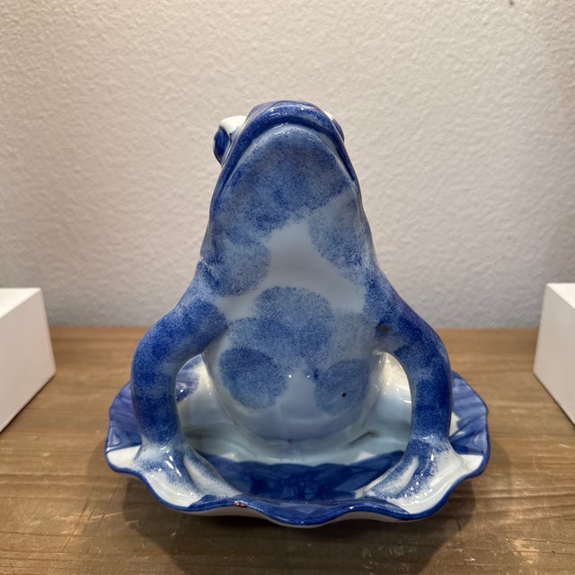 Folk Art 1980s Blue and White Ceramic Frog on a Lily Pad. For Sale - Image 3 of 7