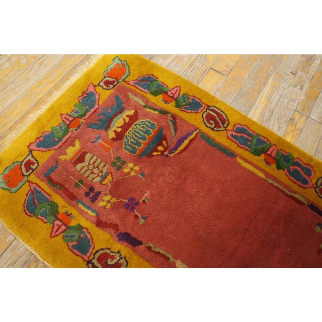 Stunning Rose Pink With Figurative and Geometric Design Antique Chinese Art Deco Rug For Sale - Image 4 of 9