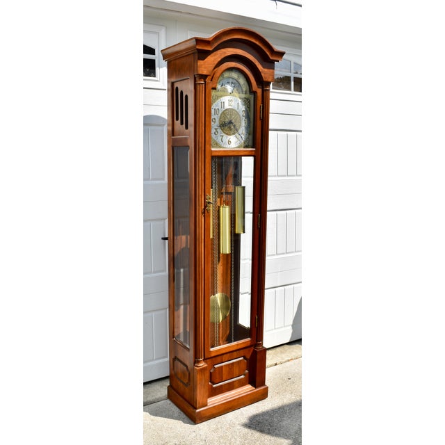 Brown Vintage Daneker Grandfather Clock Cherry Moon Phase Chime Beveled Glass For Sale - Image 8 of 18