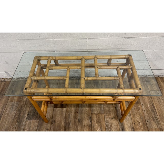 Boho Chic Vintage MCM Coastal Boho Style Sculpted Rattan Bamboo Glass Top Console Table For Sale - Image 3 of 9
