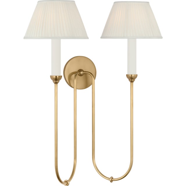 Traditional Amber Lewis for Visual Comfort Signature Ingela 24" Double Sconce in Hand-Rubbed Antique Brass with Silk Pleat Shades For Sale - Image 3 of 8