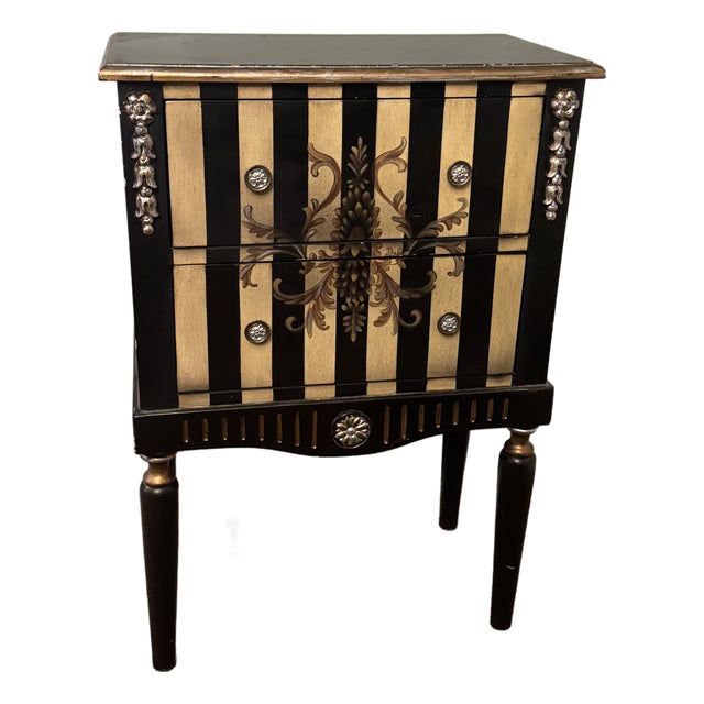 Hollywood Regency Neoclassical Black & Gilt Accent Cabinet / Nightstand For Sale