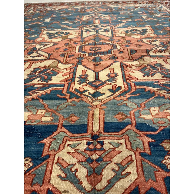 Antique Persian Serapi Handmade Light Blue, Ivory & Rusty Red Rug For Sale - Image 4 of 12