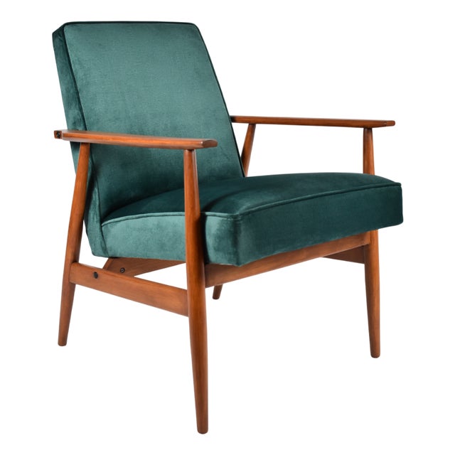 Vintage Armchair in Green Bottle Velvet & Teak, 1970s For Sale