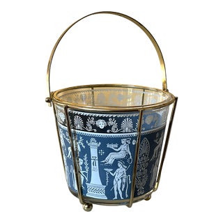 Vintage Jeanette Ice Bucket Glass Wedgewood Jasperware Style Greek Roman Blue White Brass Carrier For Sale