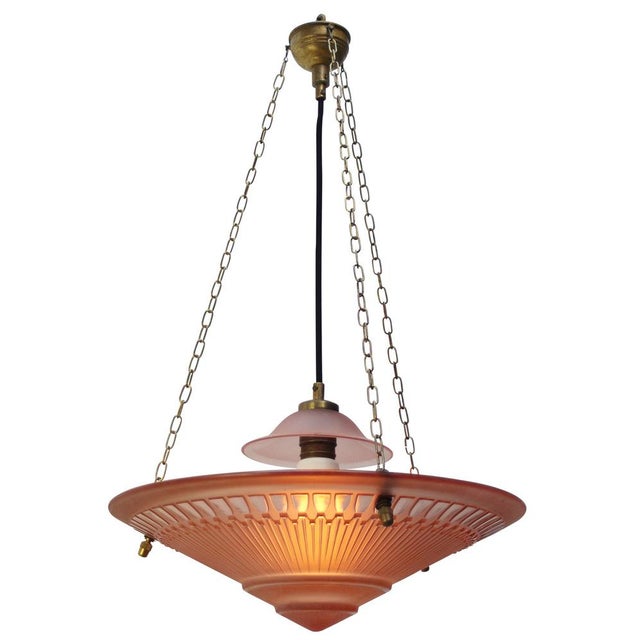 1920 French Art Deco red, pink glass pendant lamp Brass chain and brass canopy E27 / E26 Up to 250V (Europe/UK...