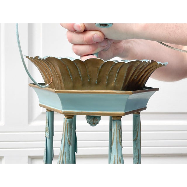 Vintage French Tiffany Blue and Gold Gilt Tole Metal Chandelier With Clear Crystals For Sale - Image 9 of 11