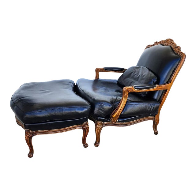 Vintage Chateau Dax French Provincial Leather Chair & Ottoman For Sale