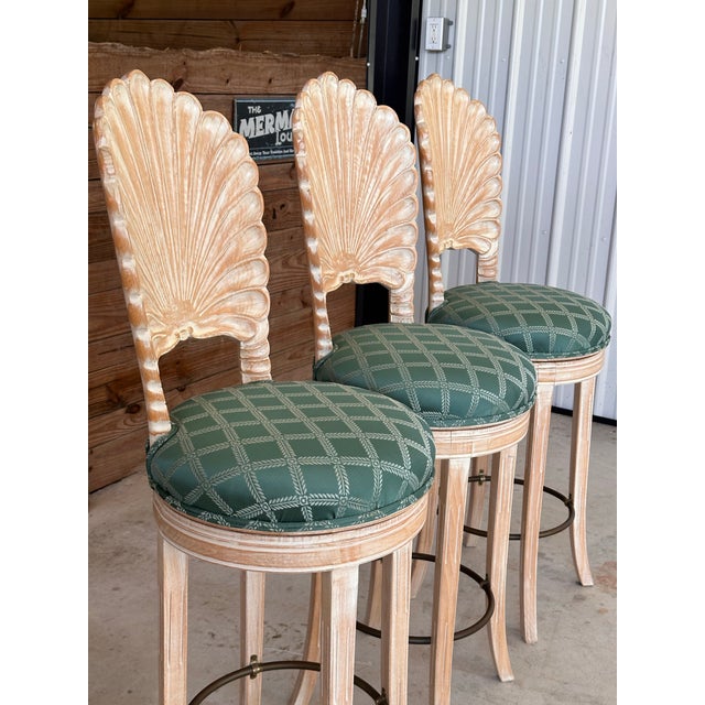 Vintage Coastal Regency Cerused Carved Shell Scalloped Back Barstool’s-Set of Three For Sale - Image 4 of 12
