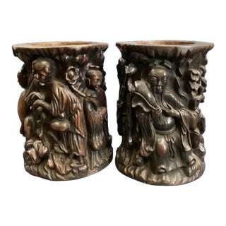 Pair of Antique Chinese Hand-Carved Wooden Brush Pots For Sale